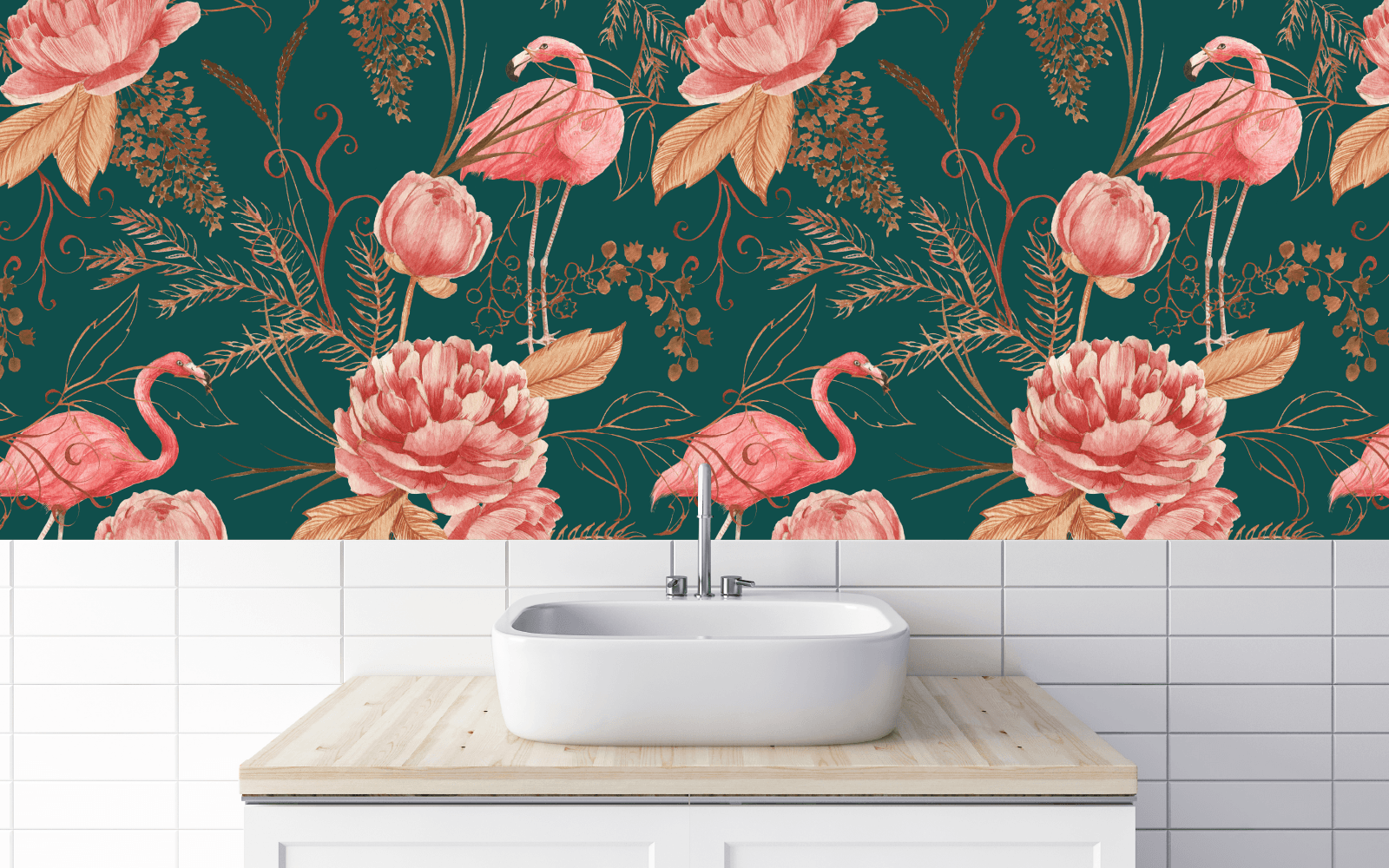 Pink flowers and flamingos grace a green wall above and behind a vessel sink on a vanity in front of a white tile wall.