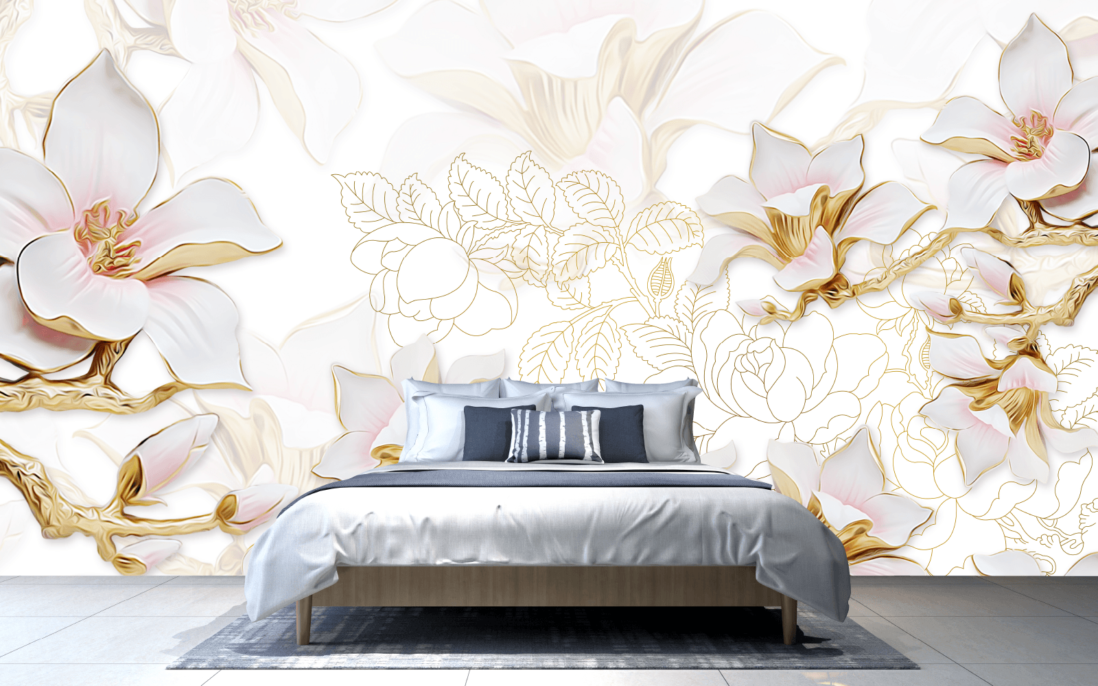 A stunning mixture of delicate blooming flowers, and striking gold sketches. 