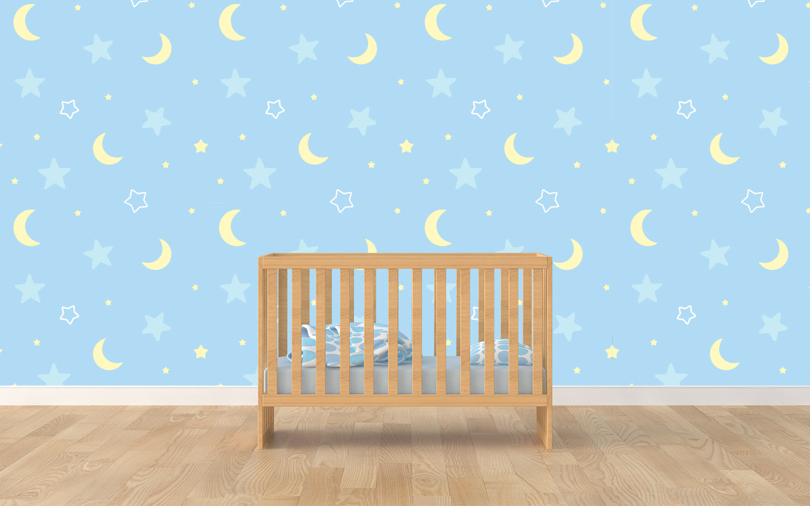 Lull your little one to sleep with the gentle dance of playful yellow moons and sleepy white stars on the backdrop of a pale night sky.
